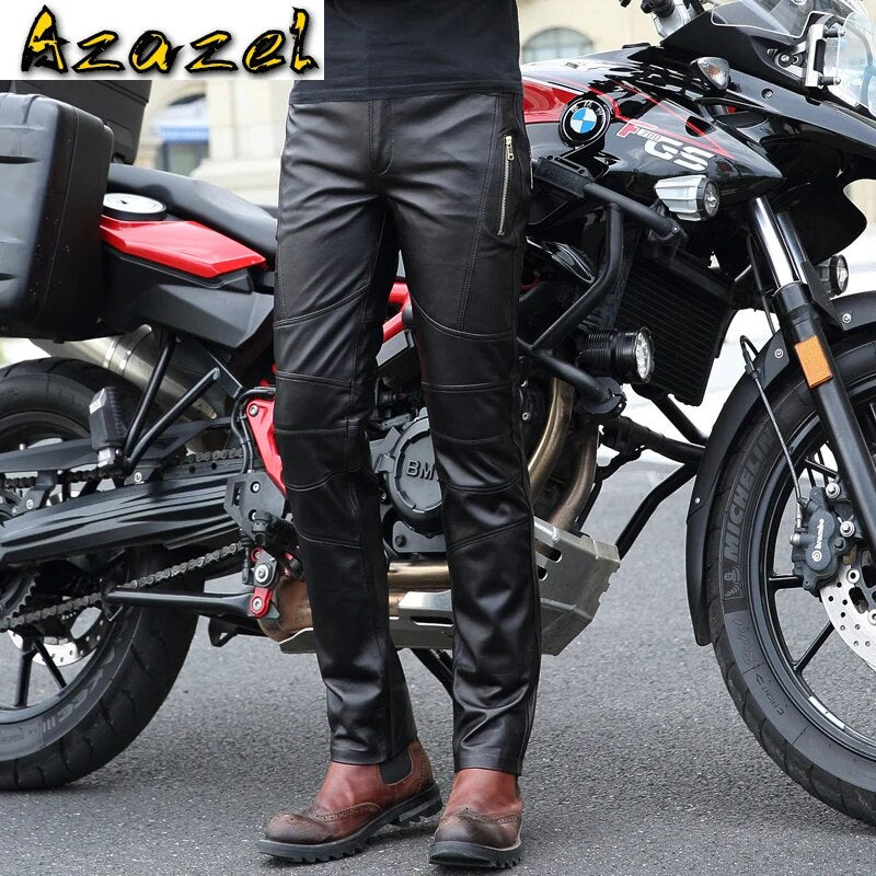 high quality New Men's Genuine Leather Pants Men Tight Locomotive Trousers Korean male Moto Natural sheepskin pencil pants 30-36