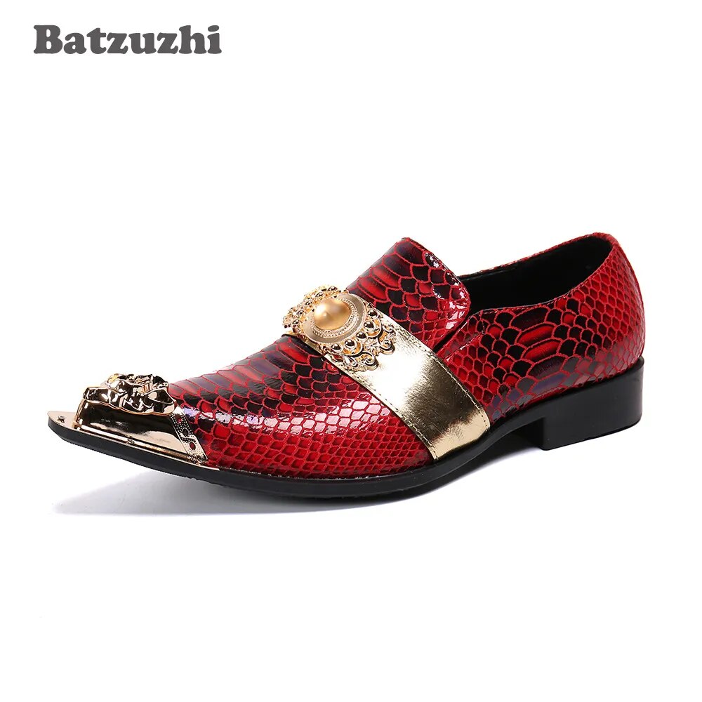 Batzuzhi Luxury Handmade Men's Shoes Gold Metal Toe Genuine Leather Dress Shoes Men Red Party and Wedding Zapatos Hombre, US6-12
