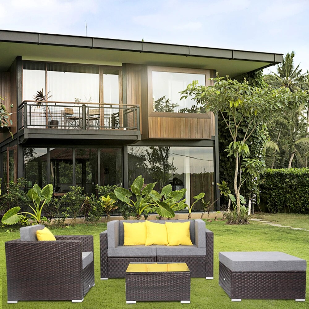 US Warehouse 5 Pieces Patio PE Wicker Rattan Corner Sofa Set Patio Furniture Set In Stock  for the outdoors and Patio