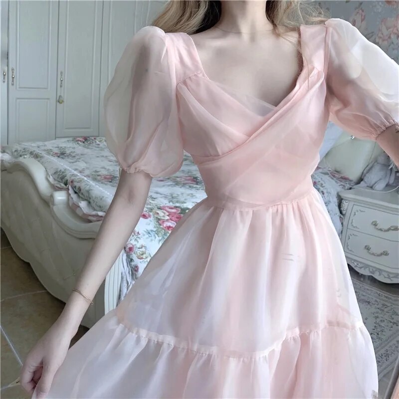 Lolita Puff Sleeve Slim Lace Chiffon Pink Dress Elegant Designer Dress Women French Bandage Dresses 2022 Autumn Women's Clothing