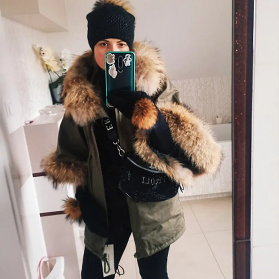 Autumn new natural real raccoon fur collar Parkas Casual coat Flared sleeve cloak cotton jacket women's clothing Woman fur coat