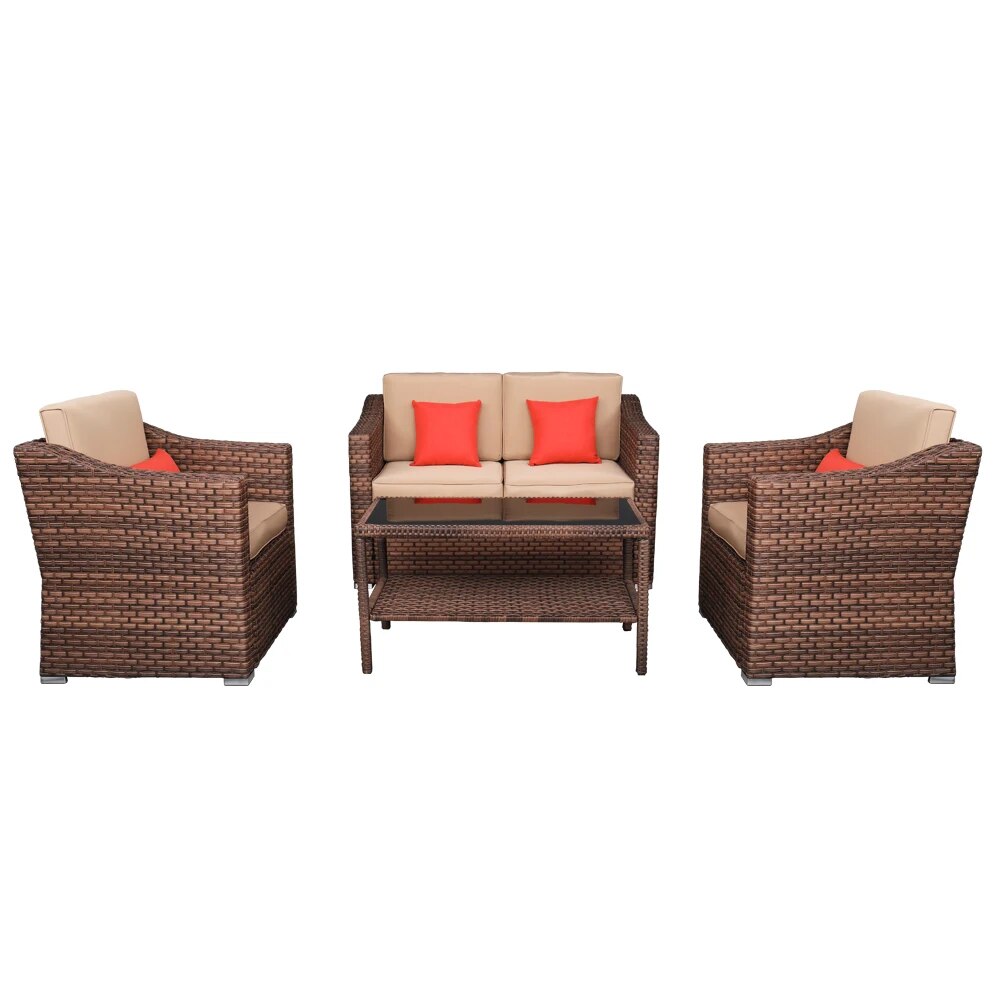 US Warehouse Wide Rattan Double Contiguous Rattan Four-Piece Suit 1 Double 2 Single 1 Double Coffee Table  Outdoor Furniture Set