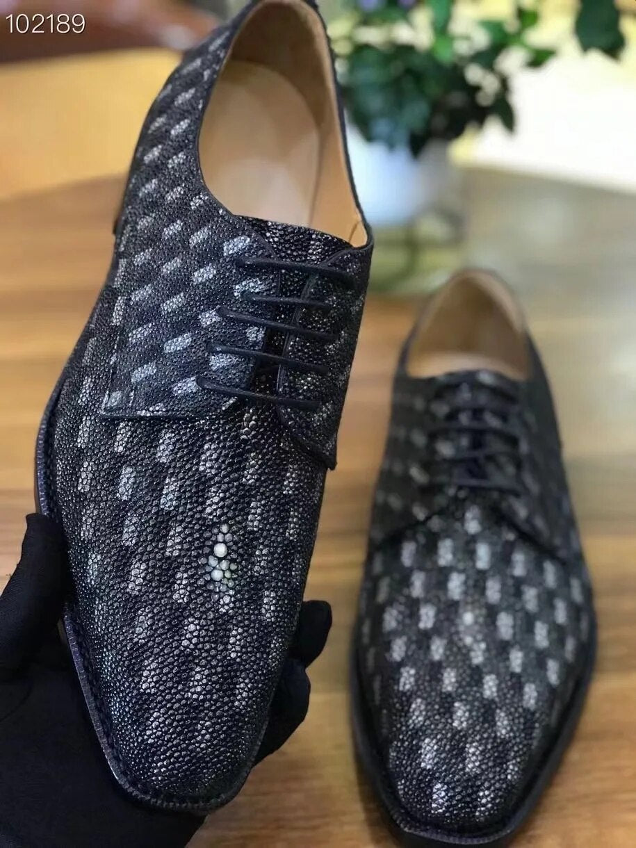 Sipriks New Style Real Stingray Skin Shoes Men's Luxury Handmade Goodyear Welted Dress Shoes Unique Boss Derby Business Casual