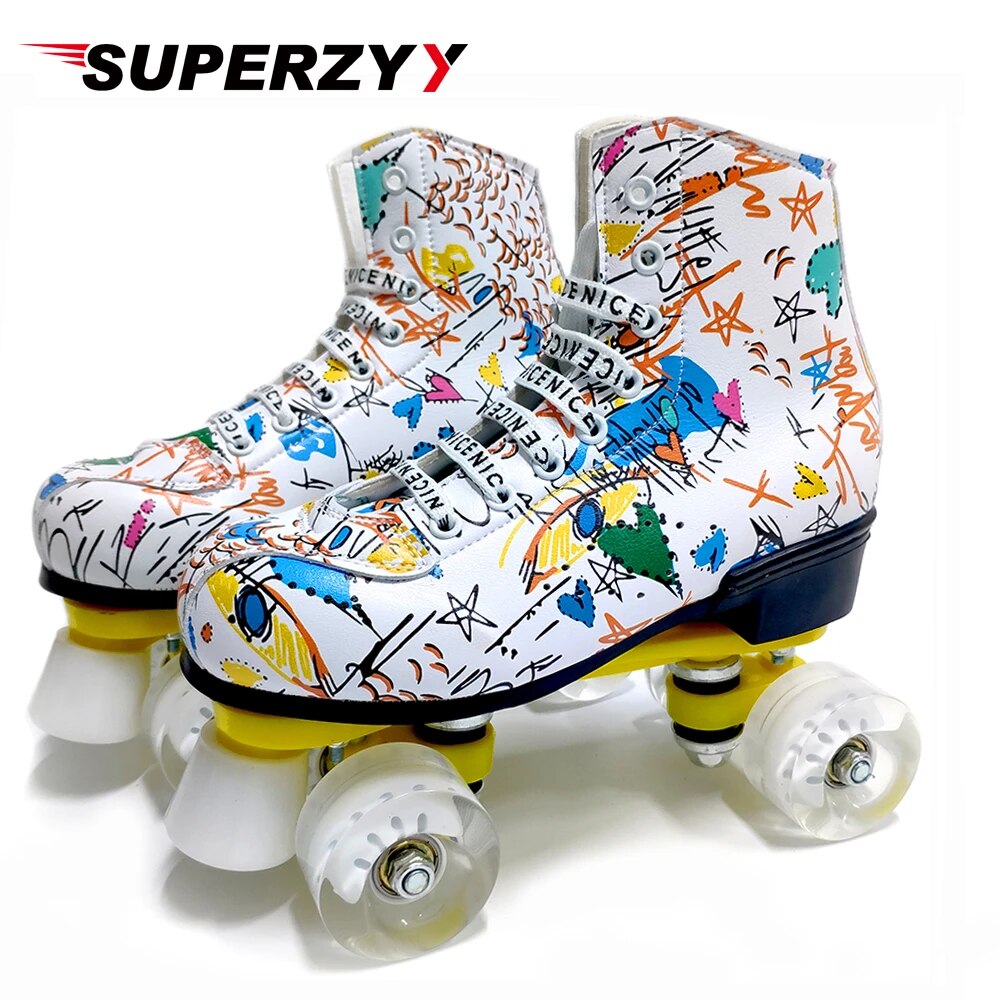 Print White Black Microfiber Roller Skates Double Row 4 Wheels PU Skating Shoes Skates Kids Gifts Roller Sneakers Training