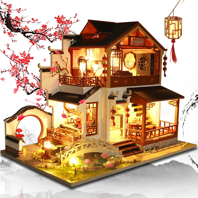 DIY Wooden Dollhouse Chinese Town Architecture Doll Houses Miniatures with Furniture Toys for Children Friend Birthday Gift