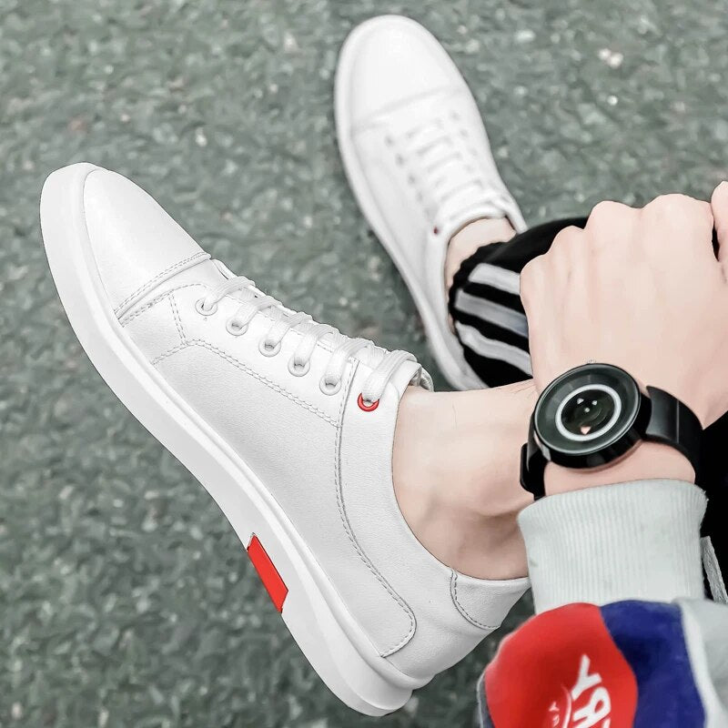Fashion Men's Shoes Casual Genuine Leather Flats Sneakers Male White Or Black Lace Up Platform Shoe Man Vulcanized Shoes For Men