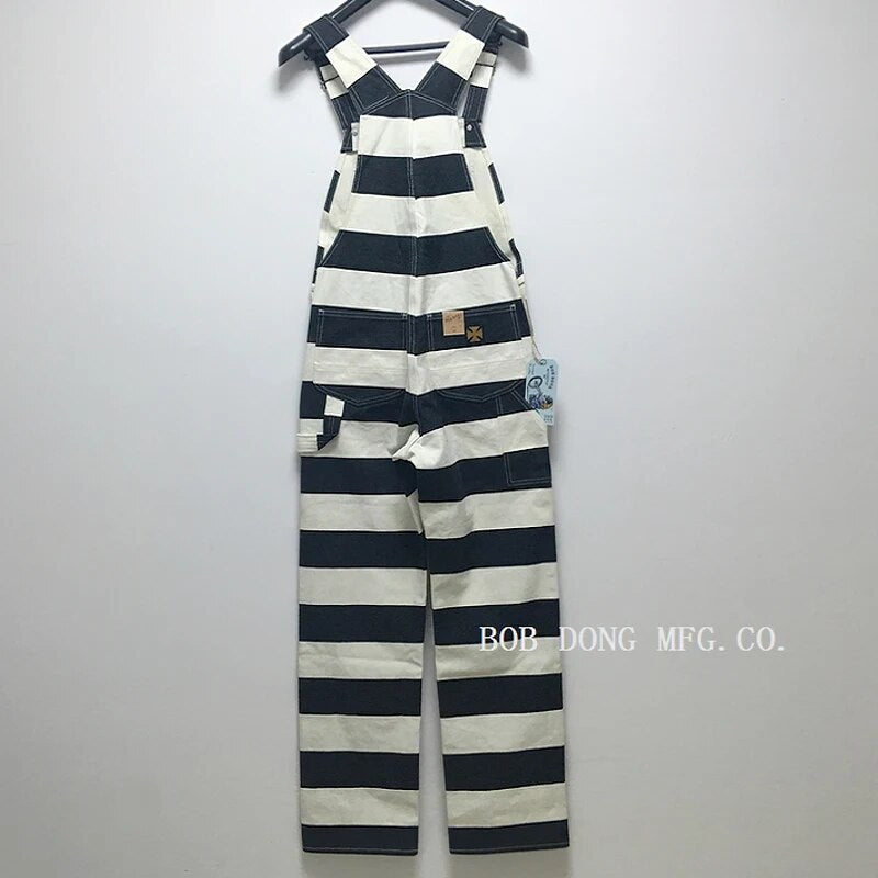 BOB DONG Prisoner Striped Overalls Vintage Men's Motorcycle Biker Racing Pants
