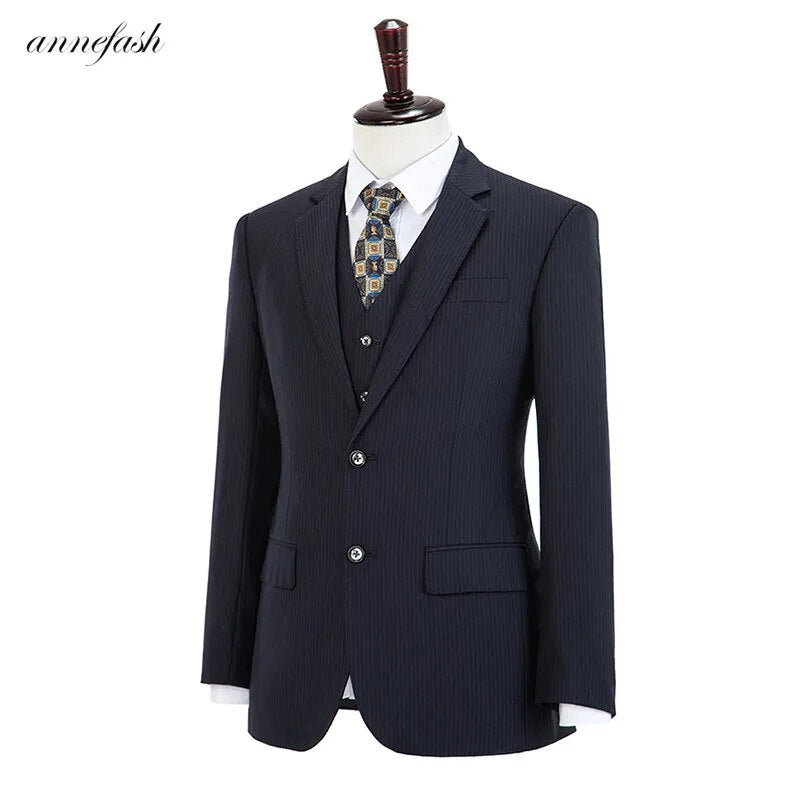 Custom Made high quality worsted wool navy stripe Business suit Men Slim Fit Suit(jacket+pants+vest)