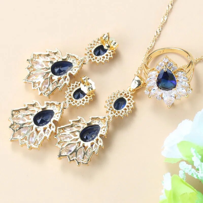 African Jewelry Sets Dubai Yellow Gold Color Wedding Accessories Blue Cubic Zirconia 6-Colors Bracelet And Ring Sets
