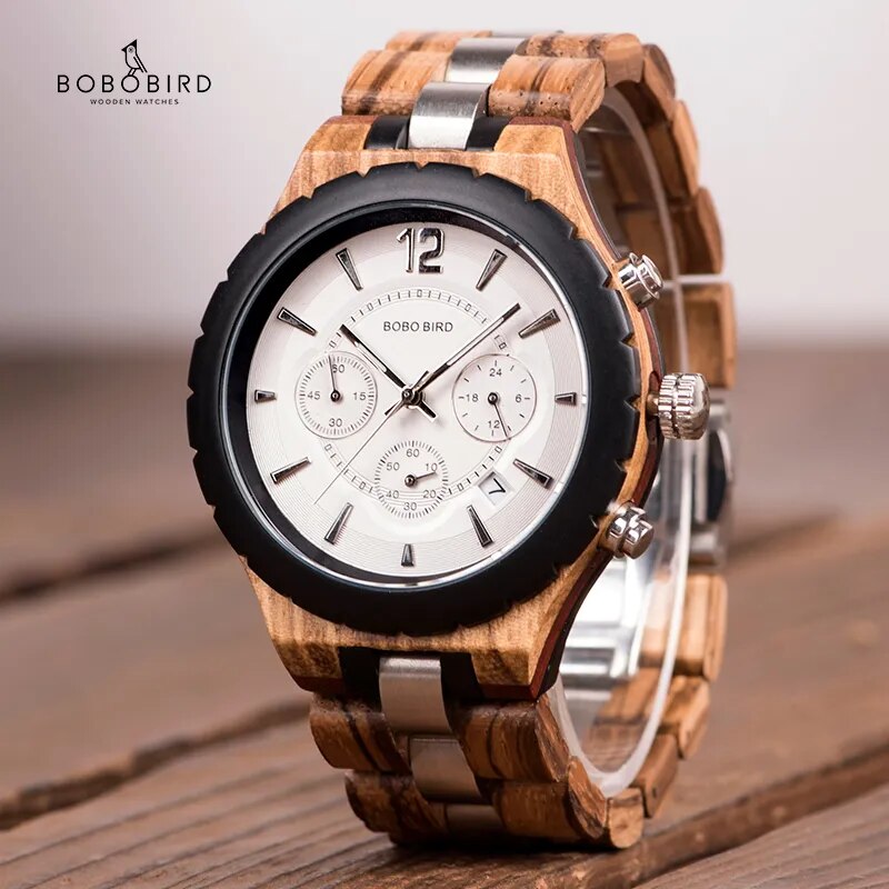 Bobo Bird Men Watches 2020 Luxury Wooden Men's Watches for Man Quartz Watches Auto Date Wristwatch Chronograph Relojes Hombre