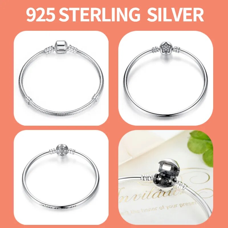BISAER 925 Sterling Silver Snake Bracelet Blue Devil's Eye Charm Snowflake Heart Chain Clasp Bangles For Women Jewelry 17-21CM