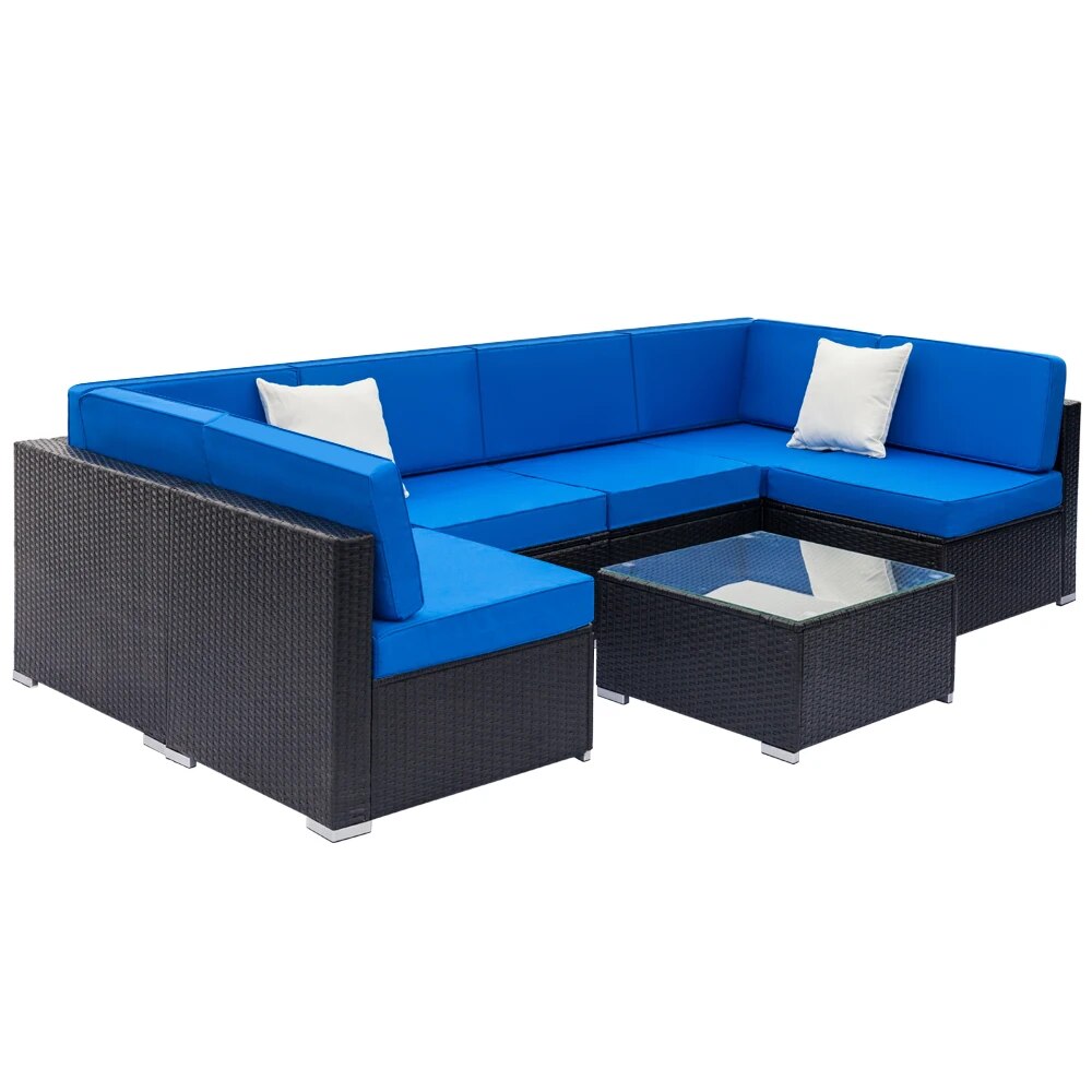 Patio Furniture Set Fully Equipped Weaving Rattan Sofa Set with 2pcs Corner Sofas & 4pcs Single Sofas & 1 pcs Coffee Table Black