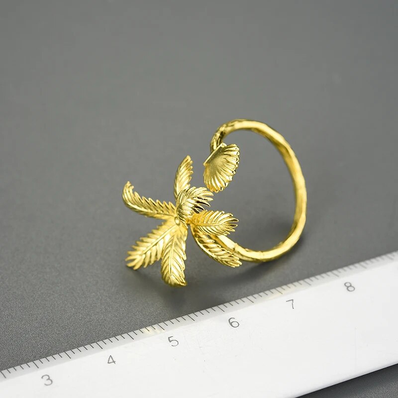 Lotus Fun 18K Gold  Beach View Coconut Trees and Shells Big Adjustable Rings for Women Real 925 Sterling Silver Dating Jewelry