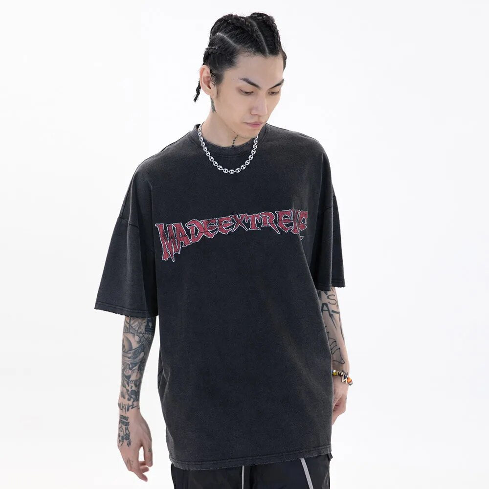 Aolamegs Men's Tee Shirts Ancient Culture Letter Print Distressed T Shirt Men Loose Retro High Street Hip Hop Streetwear Summer