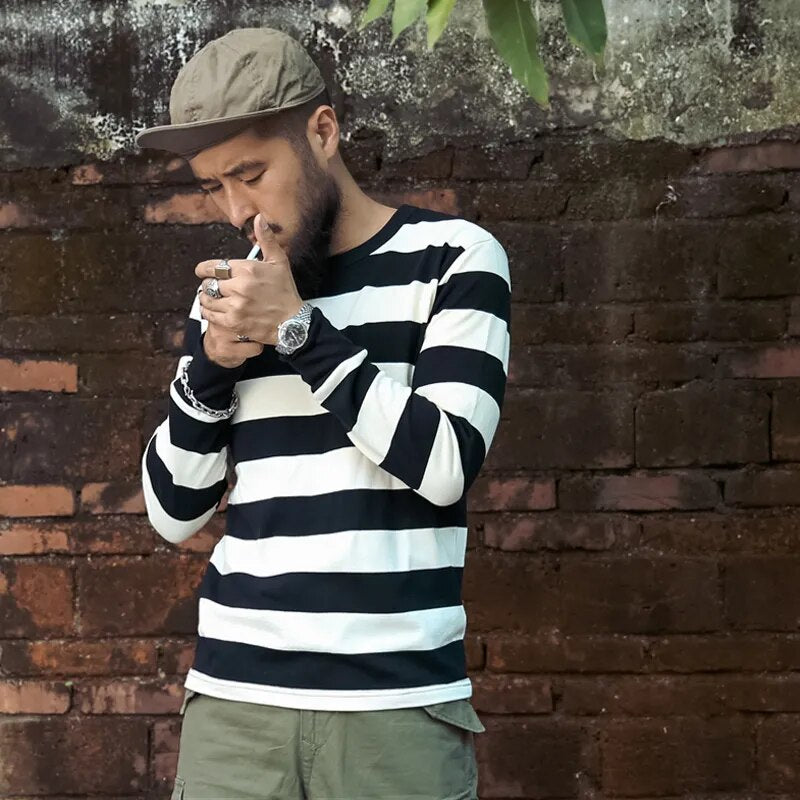 NON STOCK Prison Striped Long Sleeve Tee Shirts Vintage Mens Motorcycle T-Shirt