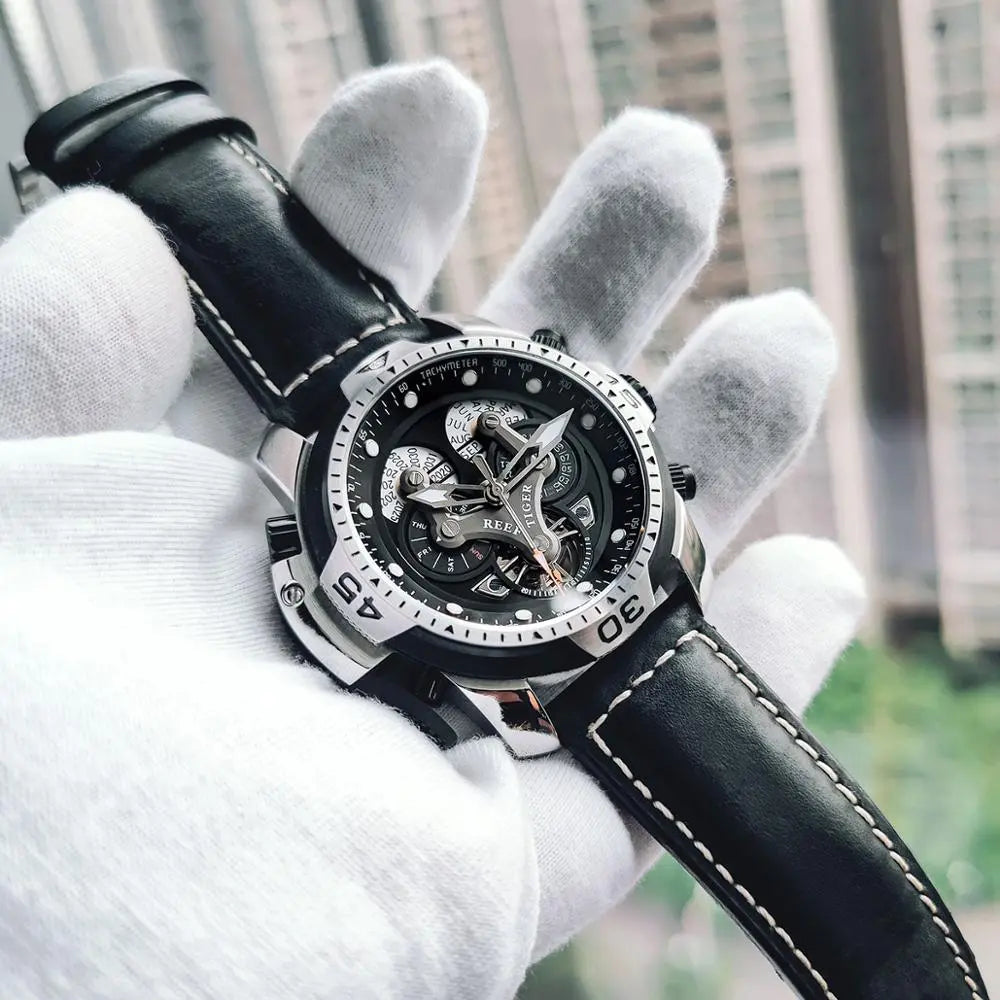 Reef Tiger/RT Sport Watch with Perpetual Calendar Date Day Steel Case Black Leather Strap Mechanical Men's Watches RGA3503