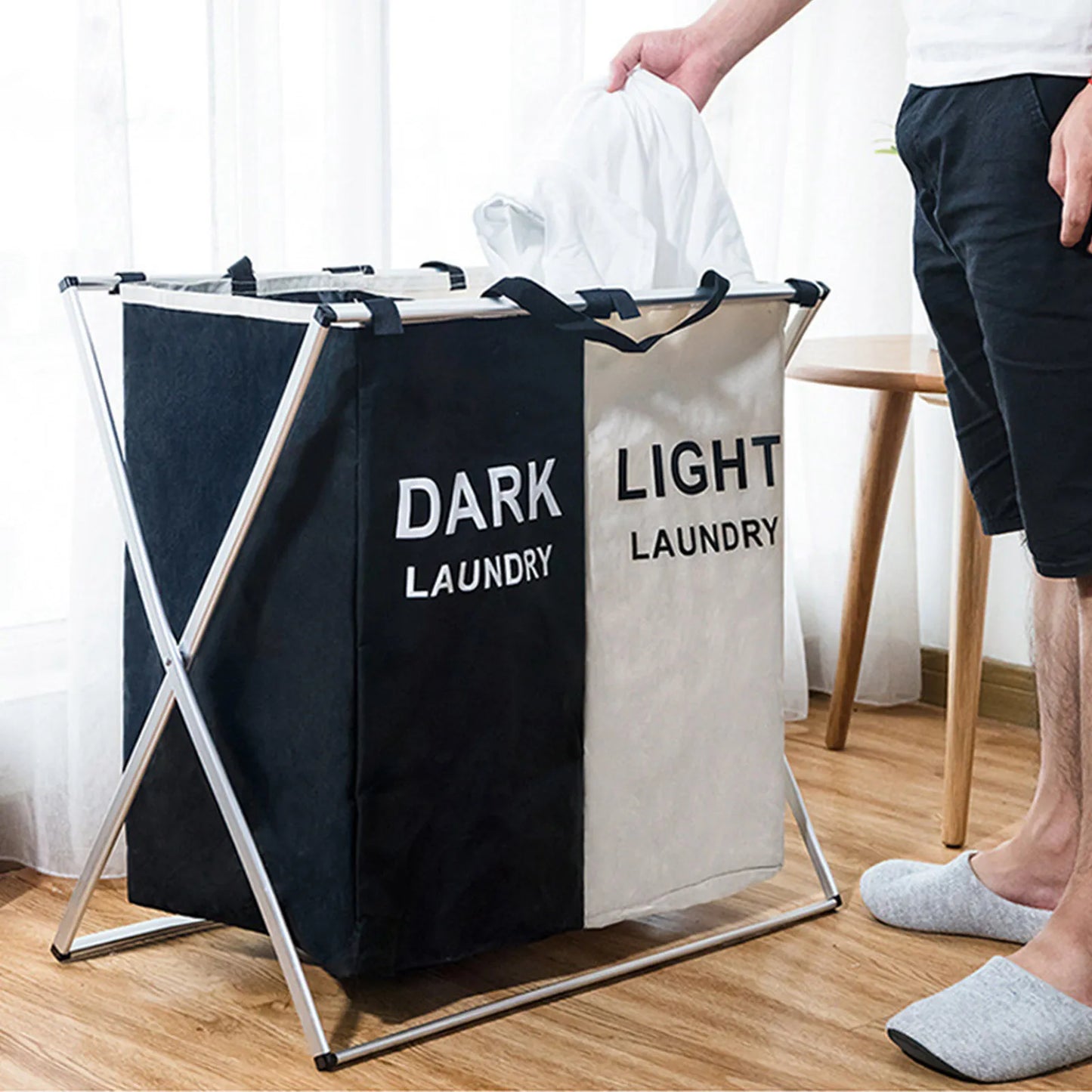Laundry Hamper Sorter Aluminum  Basket with 3 Section, Thick Cotton & Linen, Mesh Bundle Pocket with Handles Collapsible
