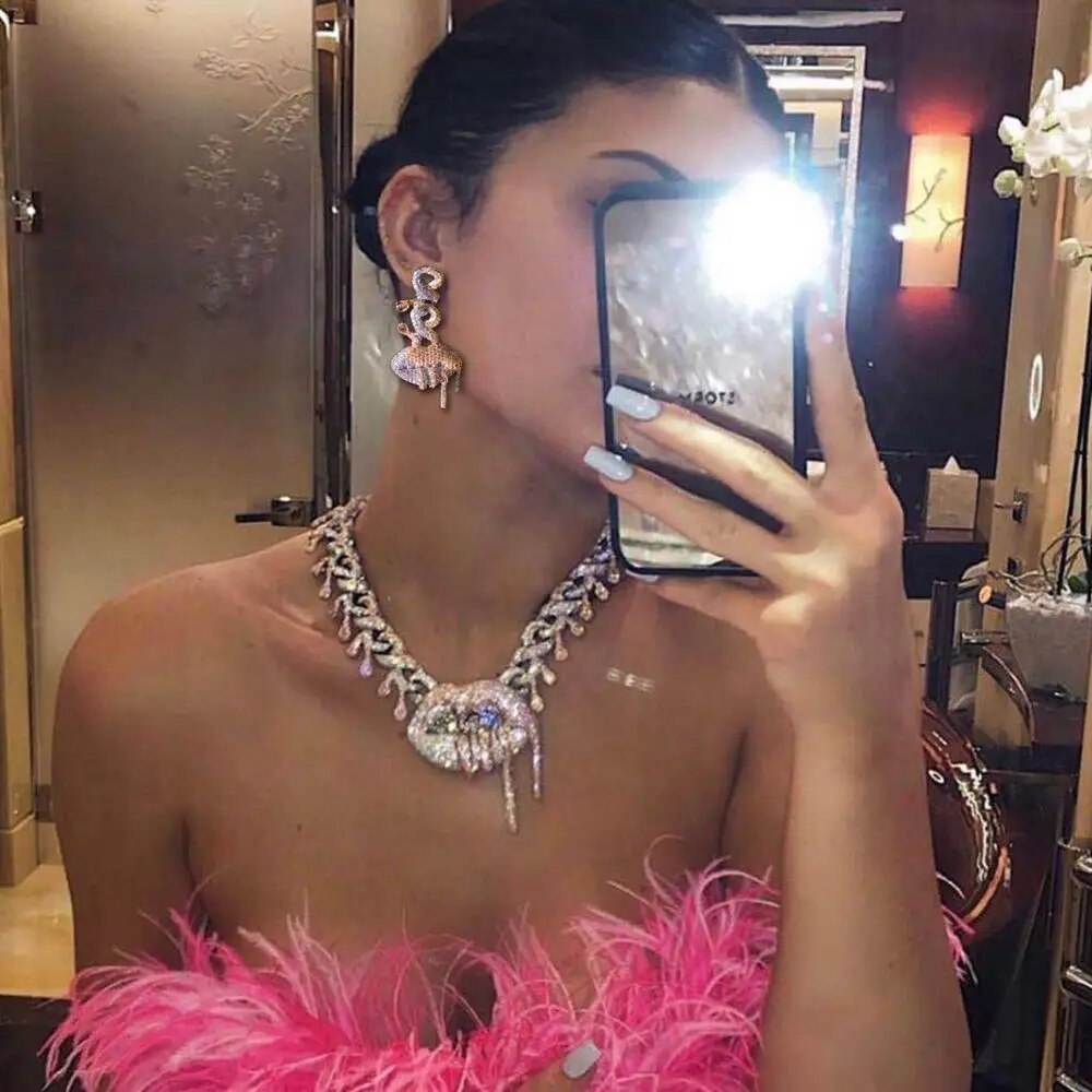4PCS iced out bling hip hop women jewelry Set Tennis Chain with CZ Miami Cuban Link Chain Trendy Sexy Lips Charm choker necklace