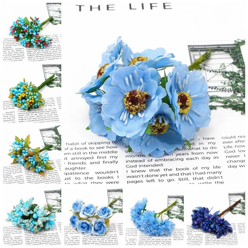 Mix Blue Flower Cherry Stamen Berries Bundle DIY Christmas Wedding Cake Gift Box Wreaths Decor 6/10/12/50/60/70/90/144pcs