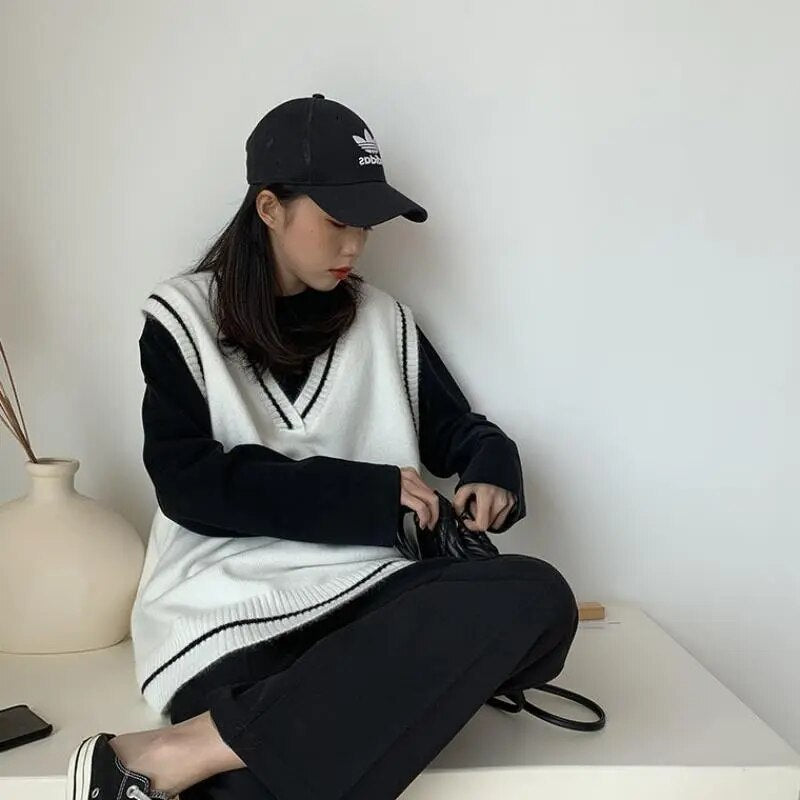 Vests Women Simple Classic BF Spring Autumn Femme Knitted Outwear Young Lovely All-match Striped Schoolgirls Sleeveless Jacket - KAISERINC