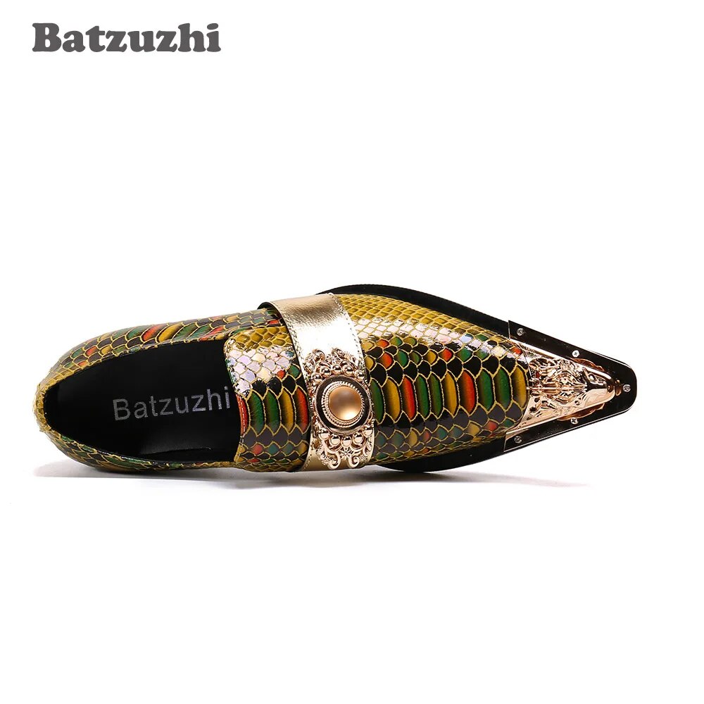 Batzuzhi Japanse Type Men's Shoes Genuine Leather Dress Shoes Pointed Toe Slip on Gold Party/Business/Wedding Zapatos Hombre!