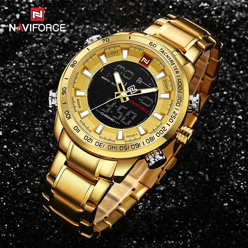 NAVIFORCE Men Clock Gold Watch Mens Digital LED Sport Wristwatch Men's Quartz Dual Display Waterproof Watches Relogio Masculino