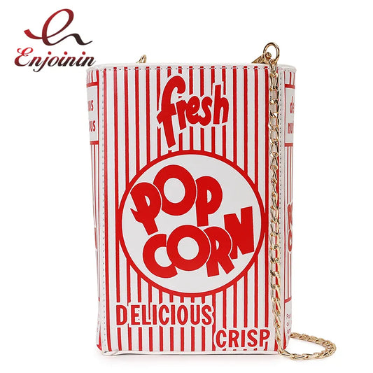 Popcorn Red Stripe Design Chain Shoulder Crossbody Bag for Women Fashion Girl's Purses and Handbags Novelty Clutch Bag Pu Leathe