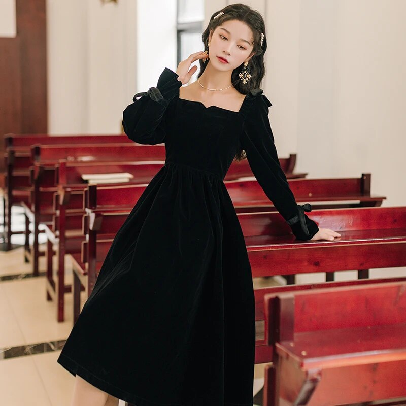 2020 new fashion women's clothing autumn Square Collar  Full  Knee-Length  Vintage  dresses  dress