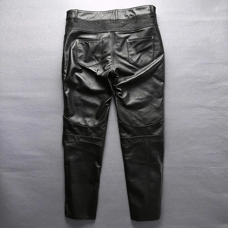 British Style Mens 2022 Winter New Genuine Leather Skinny Pants Biker Thick Black Casual High Quality Vintage Cowhide Pants