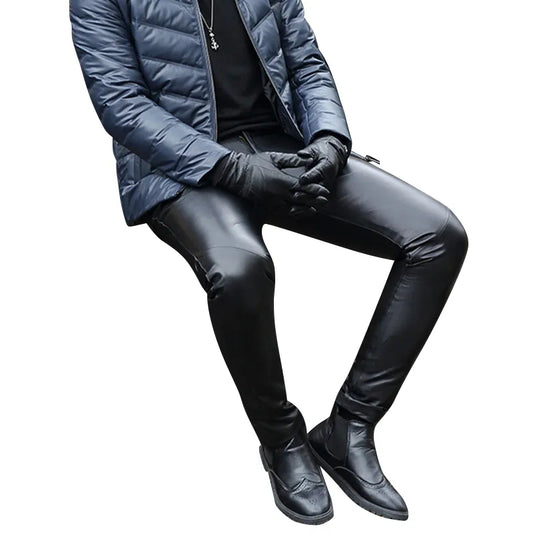 Sheepkin Pants Fit Stretchy Men's Business Autumn Winter Genuine Leather Pants Male Elastic Tight Trousers Shiny Pencil Pants