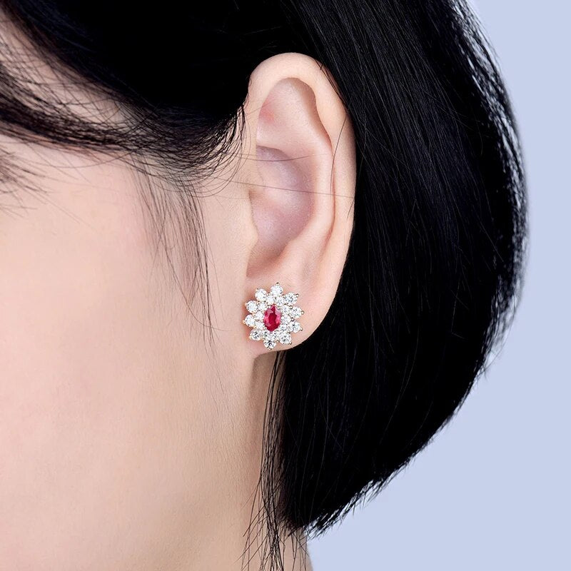 LOVERJEWELRY Stud Ruby Earrings for Women Engagement Party Oval Natural Ruby 1.64Ct Diamonds Real 18K Yellow Gold Female Earring