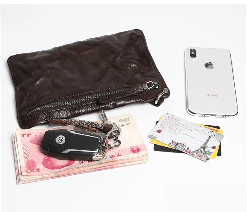 Original retro genuine leather men's long zipper clutch bag fashion natural high quality first layer cowhide teens phone wallet
