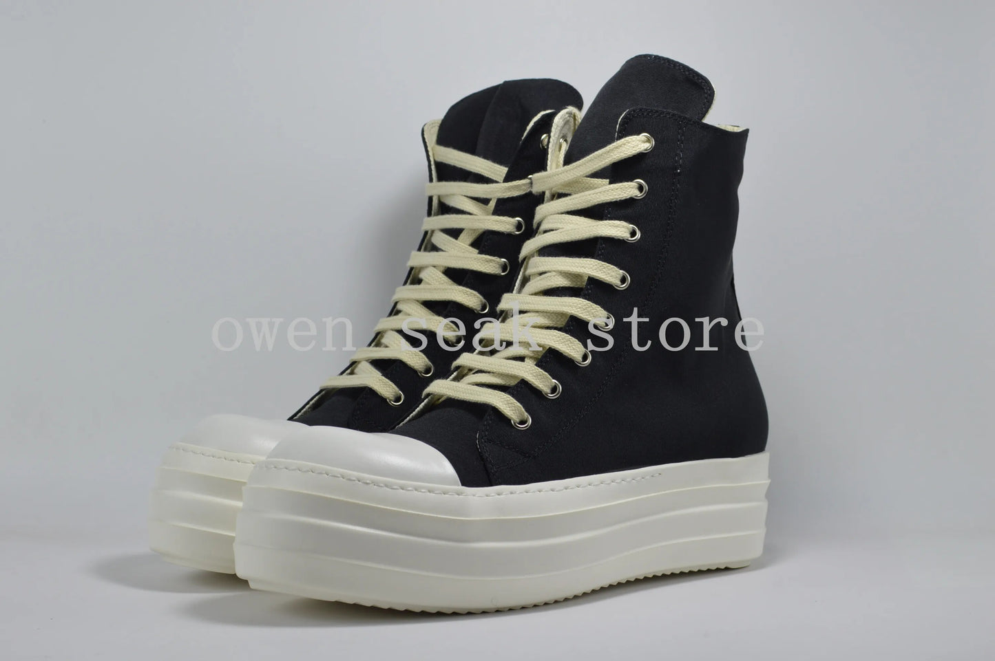 Owen Seak Men High-TOP Double Platform Heels Sneakers Lace Up Women Canvas Casual Boots Height Increasing Zip Flats Black Shoes