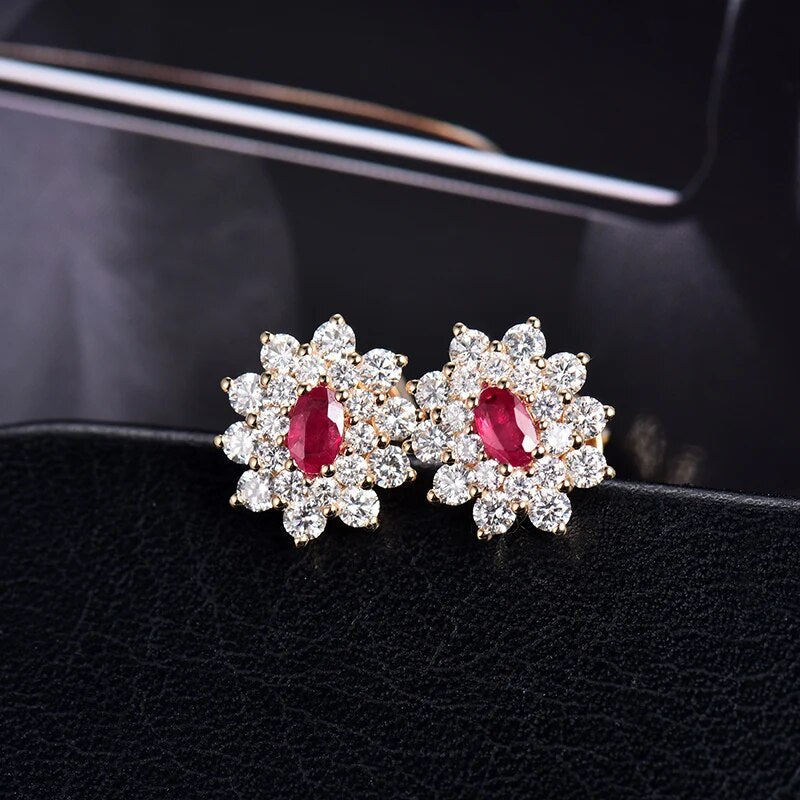 LOVERJEWELRY Stud Ruby Earrings for Women Engagement Party Oval Natural Ruby 1.64Ct Diamonds Real 18K Yellow Gold Female Earring