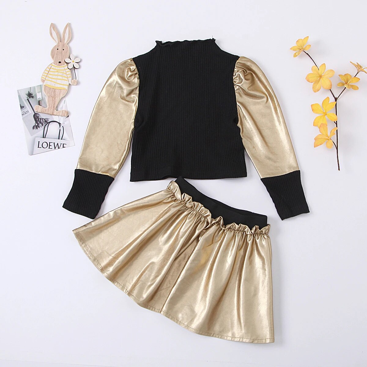 FOCUSNORM Fashion Autumn Kids Girls Clothes Sets Long Puff Sleeve Knit Pullover Tops Solid A-Line Mini Skirts 1-8Y