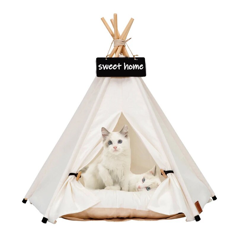 Pet Teepee Cat Tent Dog House Bed Canvas Dogs Tents Kennel with Thick Cushion Blackboard Indoor Modern Houses for Puppy Kitten