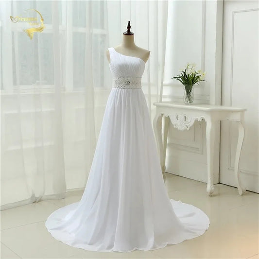 Vestidos De Novia Beach Wedding Dresses Beading Chiffon Plus Size One Shoulder Wedding Gowns Boho Bridal Dresses Custom Made - KAISERINC