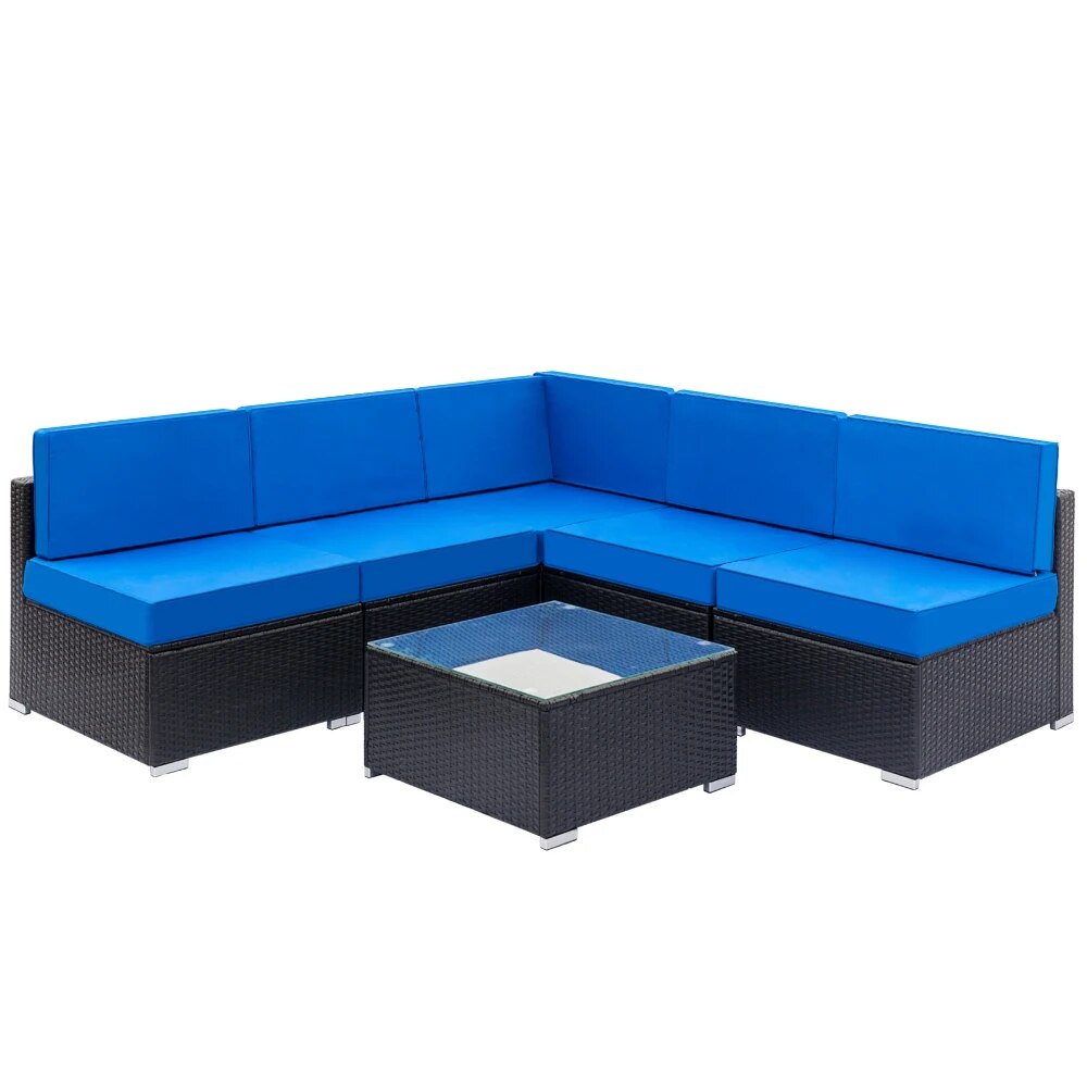 Two Styles Patio Furniture Set 6 Pieces Patio PE Wicker Rattan Corner Sofa Blue  US Warehouse In Stock