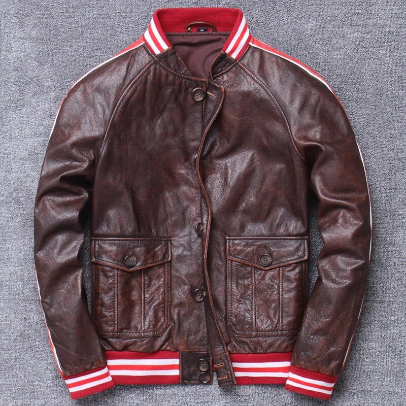 Casual Single Breasted Striped Men Baseball Coat Cowhide Uniform Genuine Leather Jacket Winter Korean Distressed Trench Coat 3XL