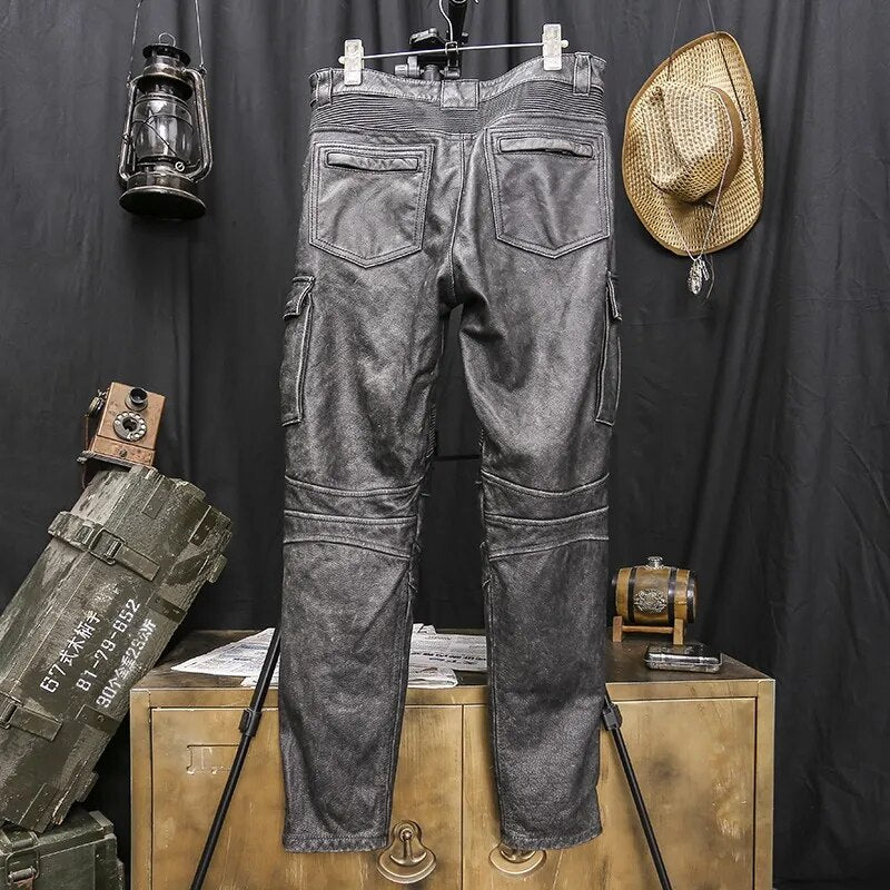 Vintage Moto Biker Genuine Leather Pants Mens Multiple Pockets Cargo Pants High Quality Winter Cowhide Casual Straight Trousers