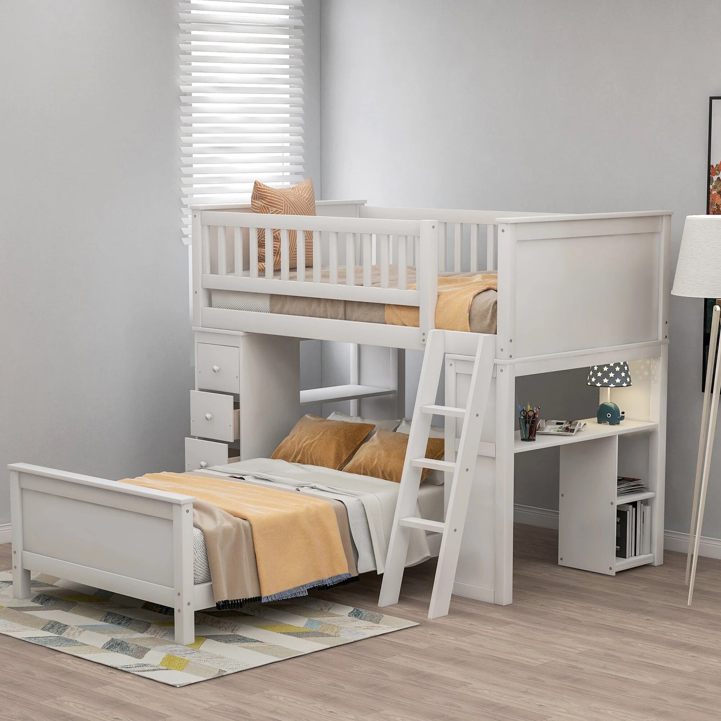 Two Colors Twin over Twin Bed with Drawers and shelves Bedroom Furniture for Livingroom US Warehouse
