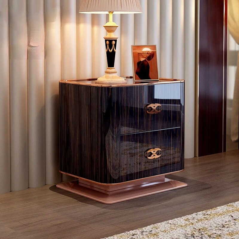 Bedside table gold silk ebony bright paint bedroom luxury square corner several full solid wood furniture