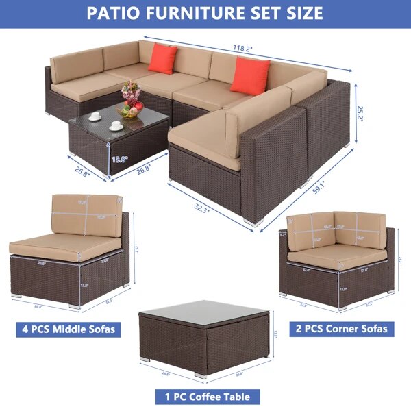 Large Rattan Sofa Sets U-Shape Include Coffee Table Dark Brown Khaki Cushion for Outdoor Patio Garden Leisure Furniture
