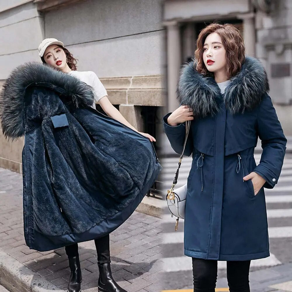 Vielleicht 2022 New Warm Fur Lining Long Parka Winter Jacket Women's Clothing 6XL Medium Long Hooded Winter Coat Women