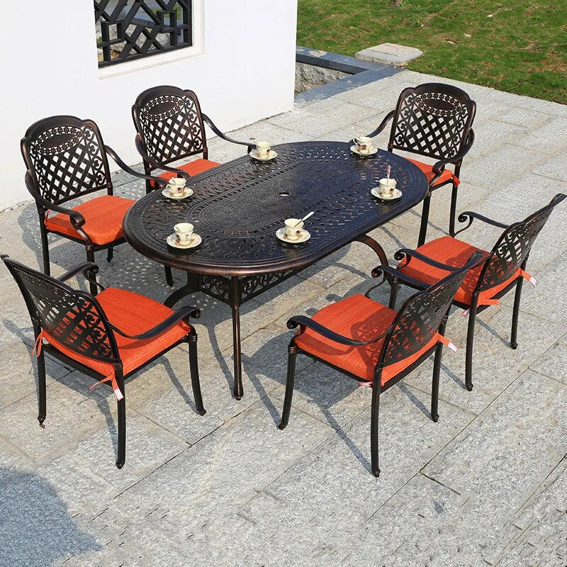 set of 7-piece cast aluminum patio furniture dining set  with oval table 180cm and 6 K/D chairs durable all-weather bronze color