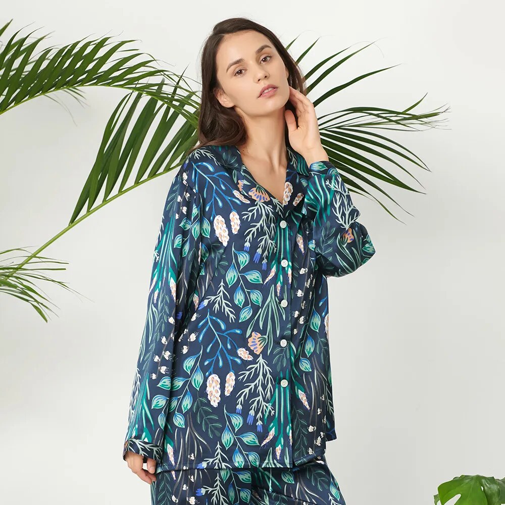 LILYSILK 100 Silk Pajamas Set Pijama Women Sleepwear Plant Print Long NEW Luxury Natural Women's Clothing Free Shipping