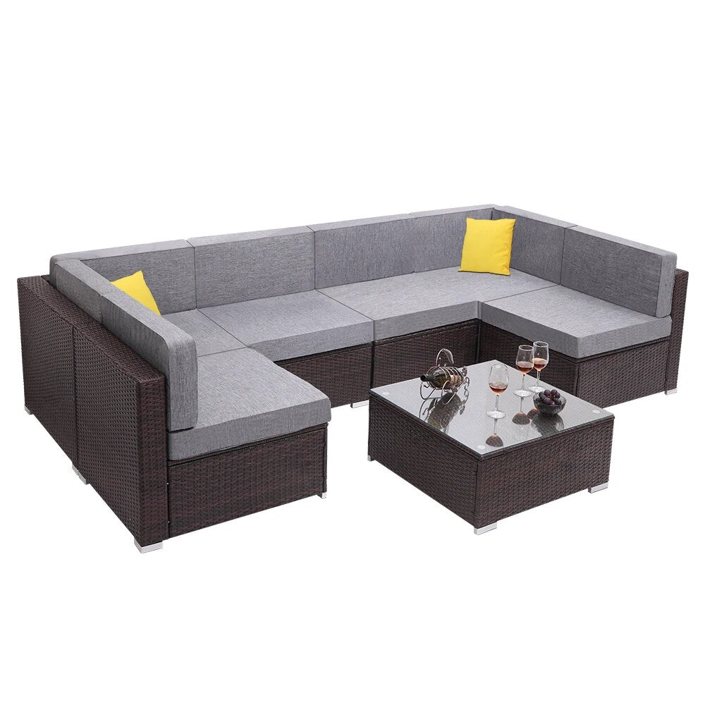 Two Styles US Warehouse 7 Pieces Patio PE Wicker Rattan Corner Sofa Set Patio Furniture  Set for Garden and Outdoors