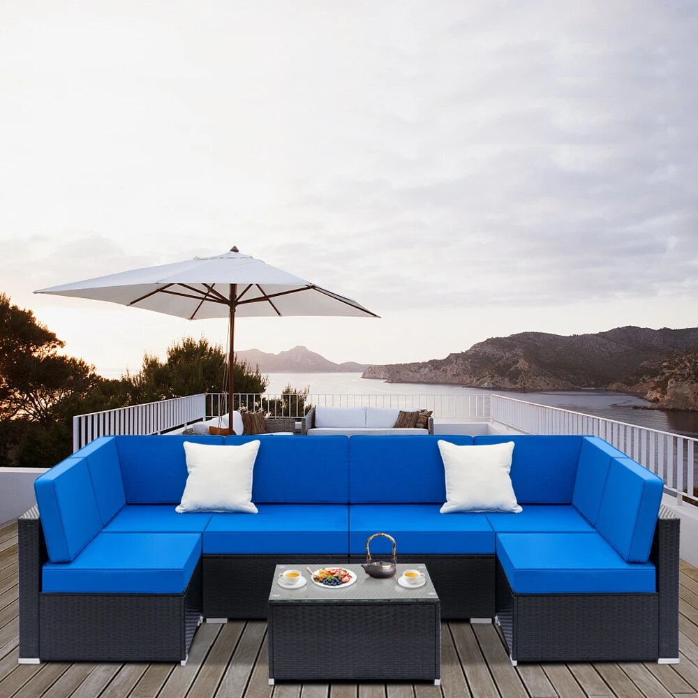 Patio Furniture Set Fully Equipped Weaving Rattan Sofa Set with 2pcs Corner Sofas & 4pcs Single Sofas & 1 pcs Coffee Table Black