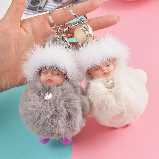 New Pompom Sleeping Baby Keychain Cute Fluffy Plush doll Keychains Women Girl Bag Keyrings Car Key Ring Jewelry Gift porte clef