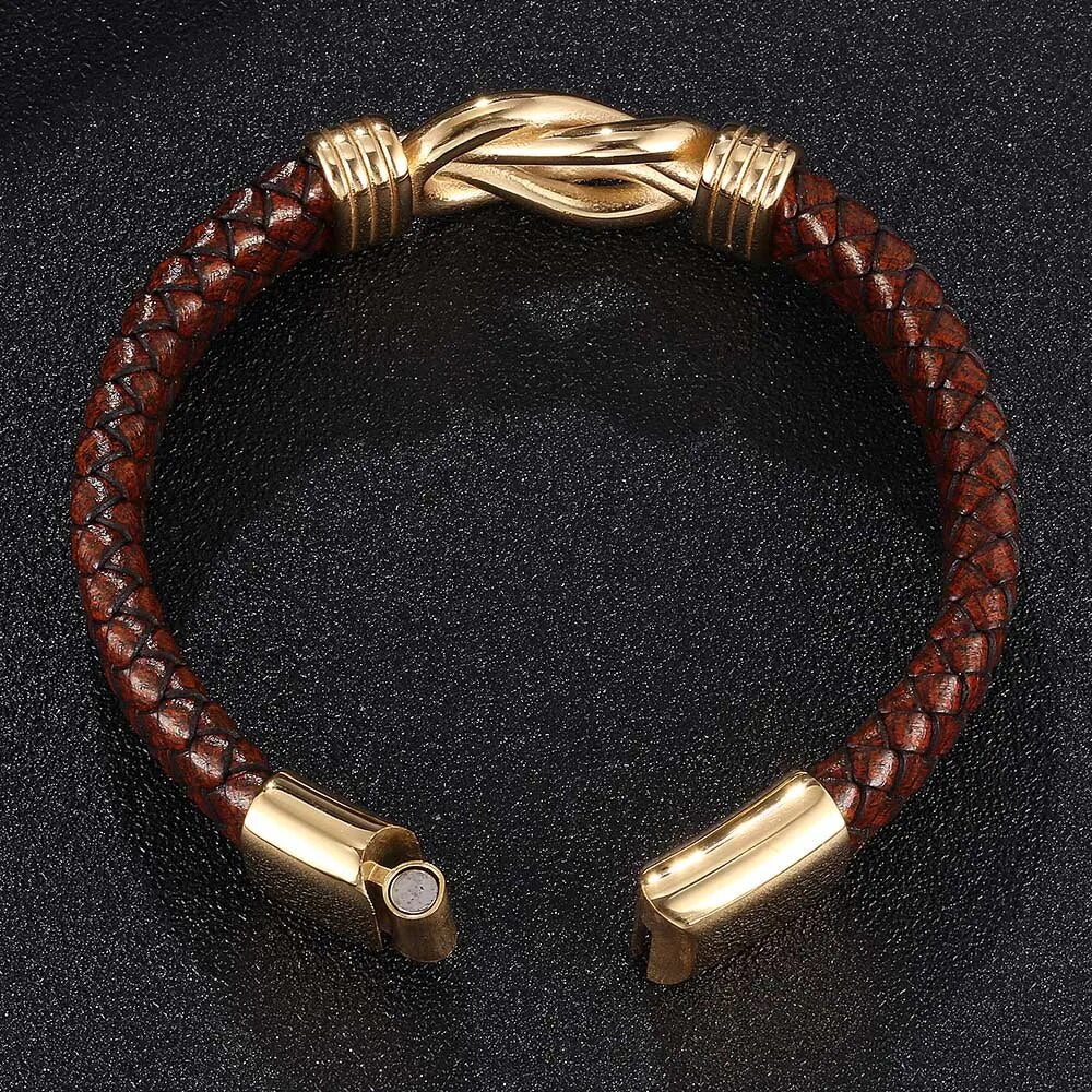 Punk Bracelet Men Brown Leather Stainless Steel Unique Knot Shape Wristband Magnet Buckle Bracelets Male Jewelry Gift BB0750